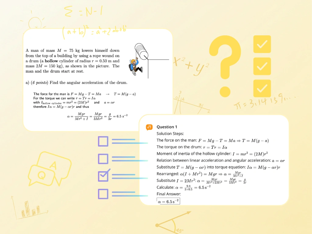 AI answer generation for a physics problem, showing a rope and pulley question solved with formulas, acceleration steps, and a final result