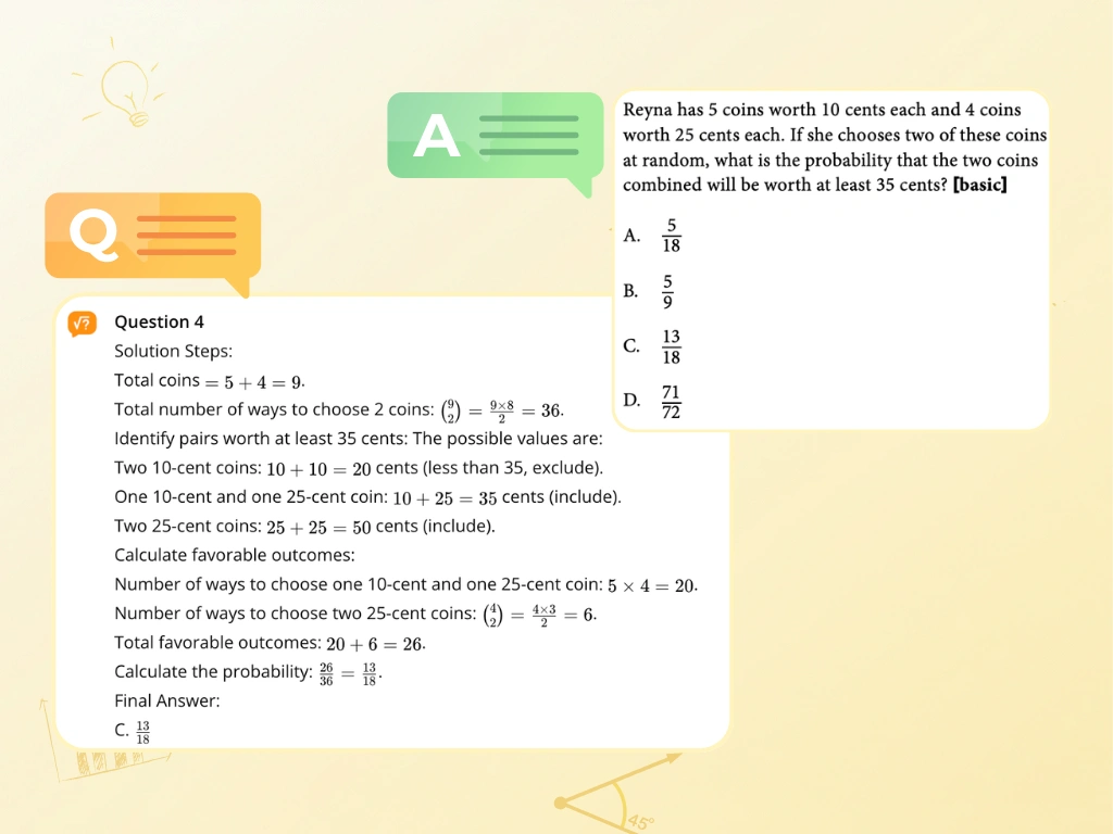 AI answer generation for a probability word problem, showing a coin selection question paired with a complete step-by-step solution