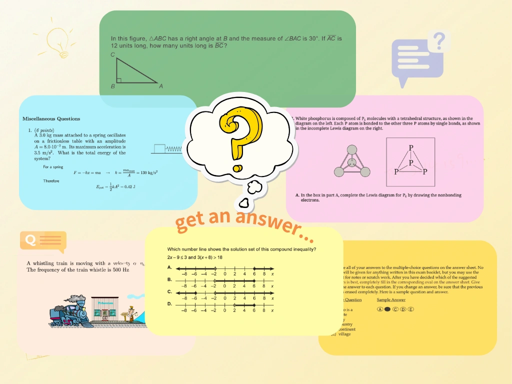 AI answer generation collage showing multiple exam-style math and science questions transformed into clear step-by-step solutions across different subjects