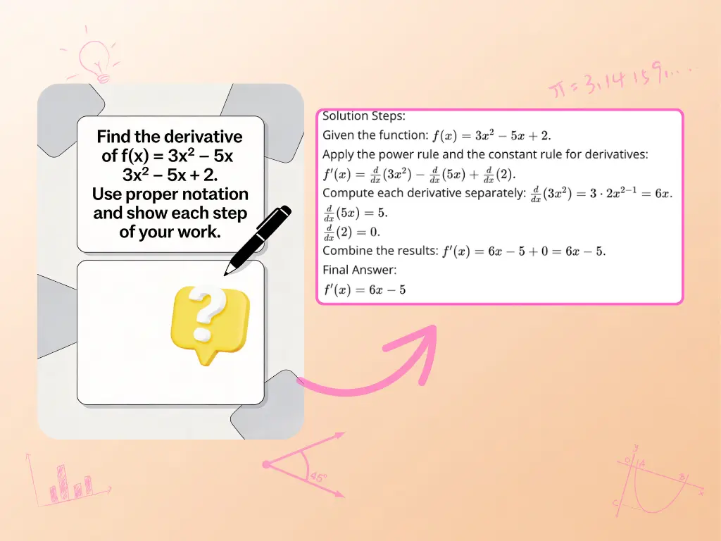 Photo math solver showing step by step derivative rules to find the derivative of f(x) = 3x² - 5x + 2.