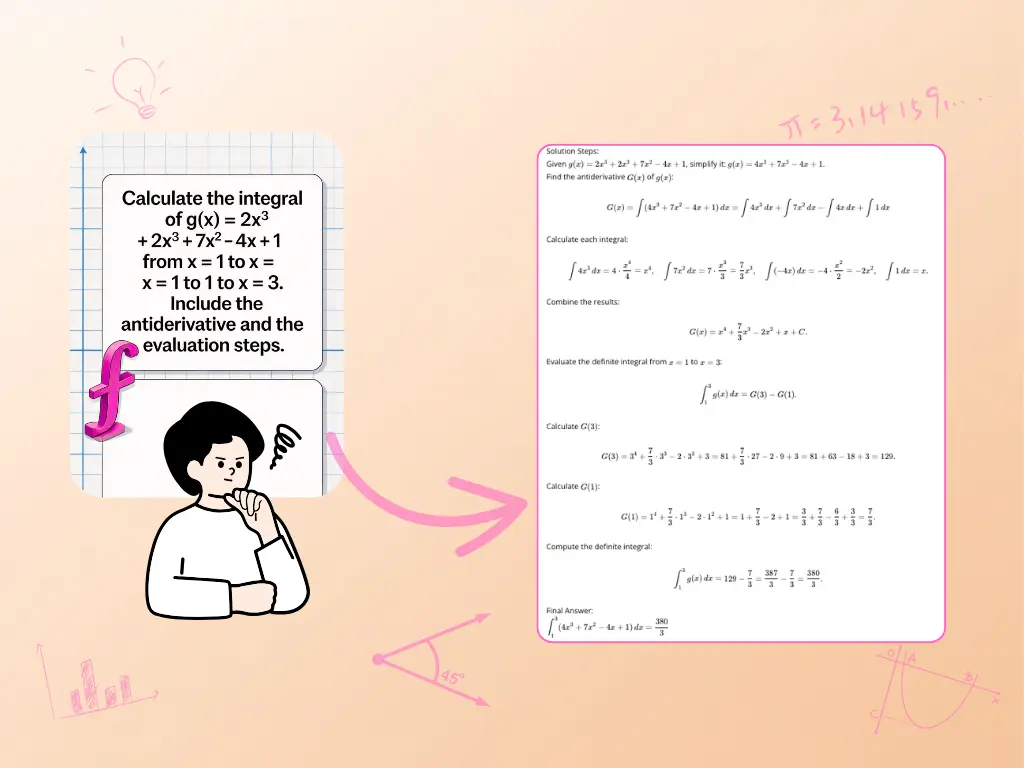 Photo math solver example solving a definite integral from x = 1 to x = 3 with antiderivative steps and final evaluation.