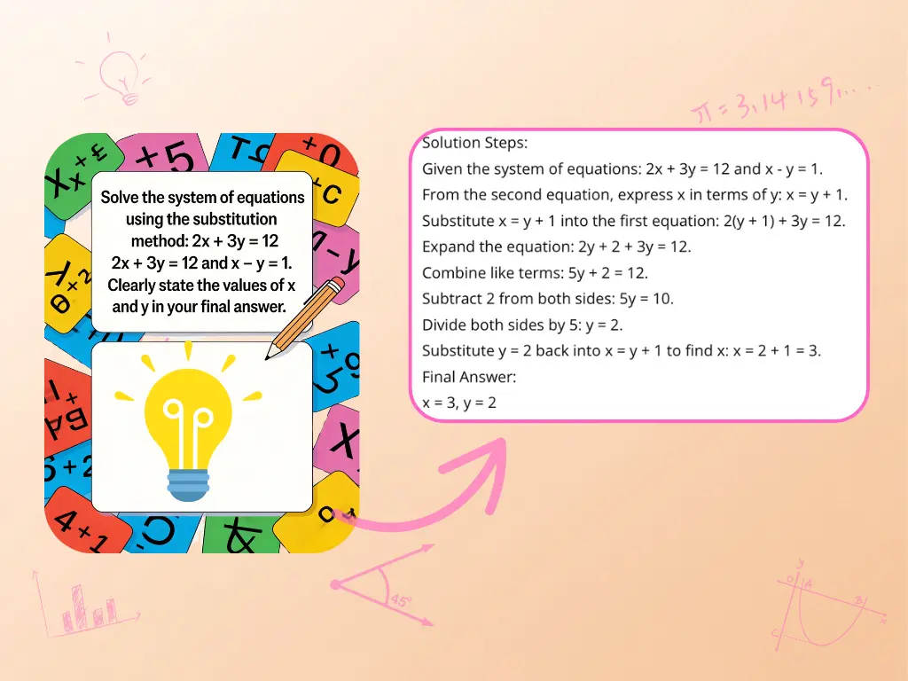 Photo math solver for a system of equations, showing substitution steps to solve 2x + 3y = 12 and x - y = 1.