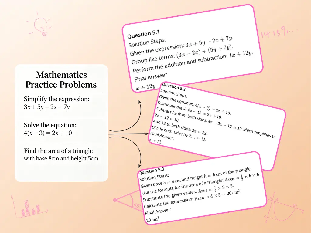 Photo math solver showing mathematics practice problems with step by step solutions for simplifying expressions, solving equations, and finding the area of a triangle.