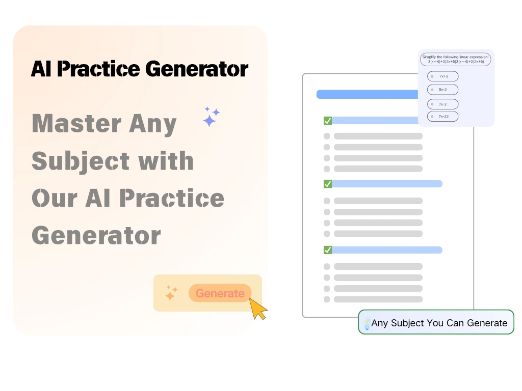 AI Practice Generator by AskMath creates subject-based practice questions and study exercises with a simple generate button.
