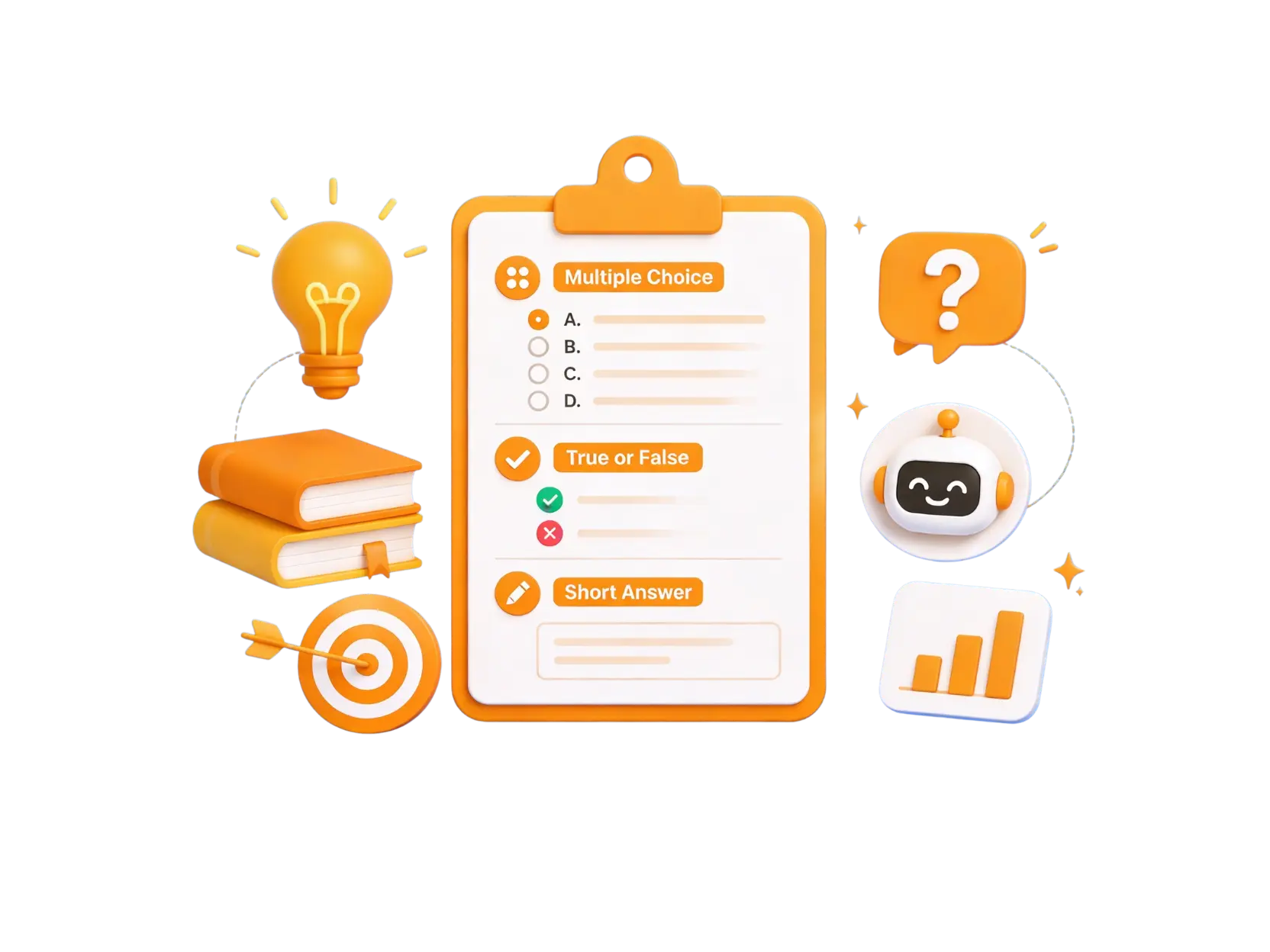 AI Question Generator generating multiple choice, true or false, and short answer questions from uploaded study materials, tracking progress and boosting confidence in exams