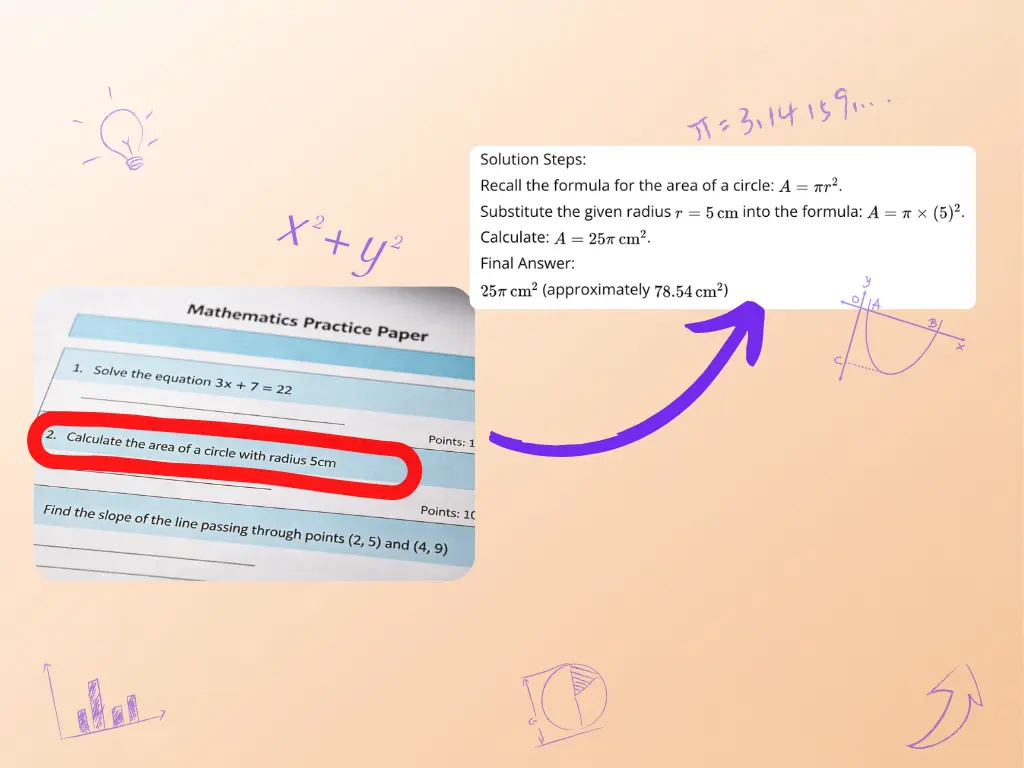 Word problem solver for geometry, showing how to calculate the area of a circle with radius 5 cm using a clear formula based solution.