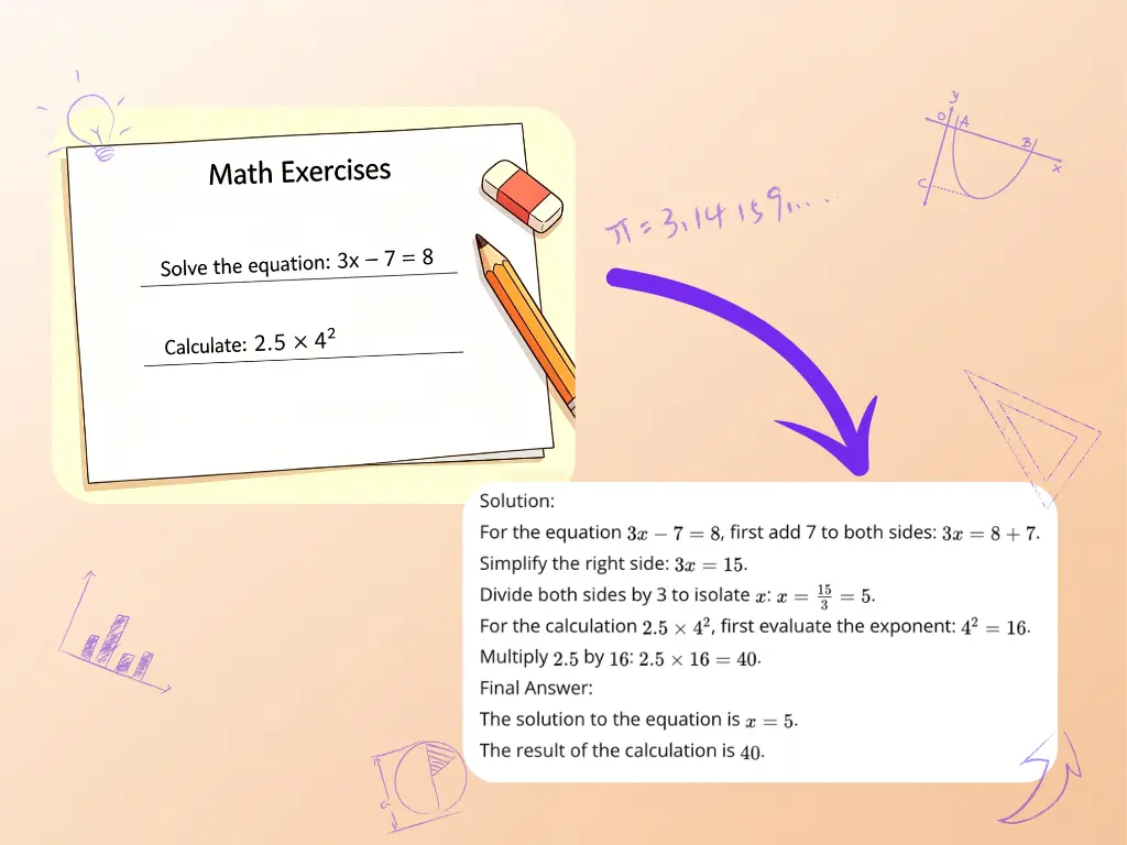 Word problem solver example showing a math exercises sheet with an equation and calculation problem converted into clear step by step solutions.