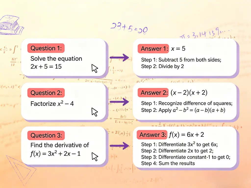 Word problem solver with step-by-step answers for algebra, factorization, and derivative problems.